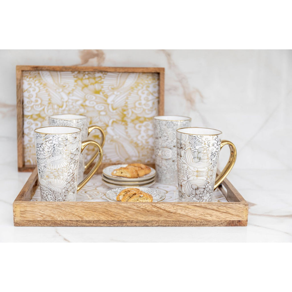 Keramische mokken met abstract goudpatroon – set van 4