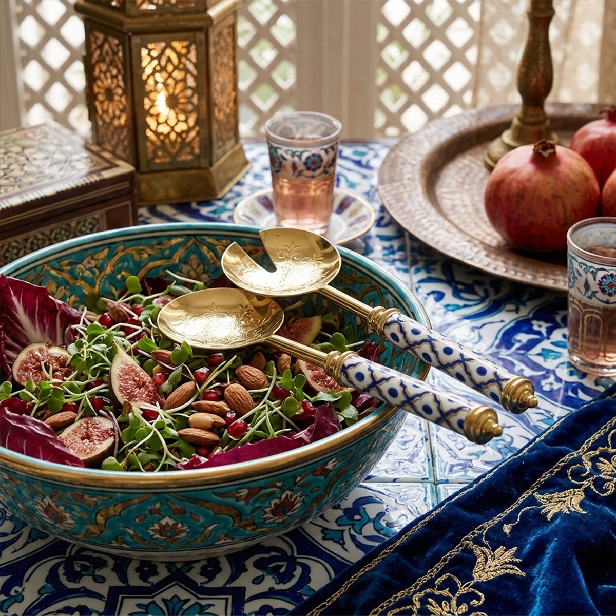 Oosterse saladecouverts in goud en blauw