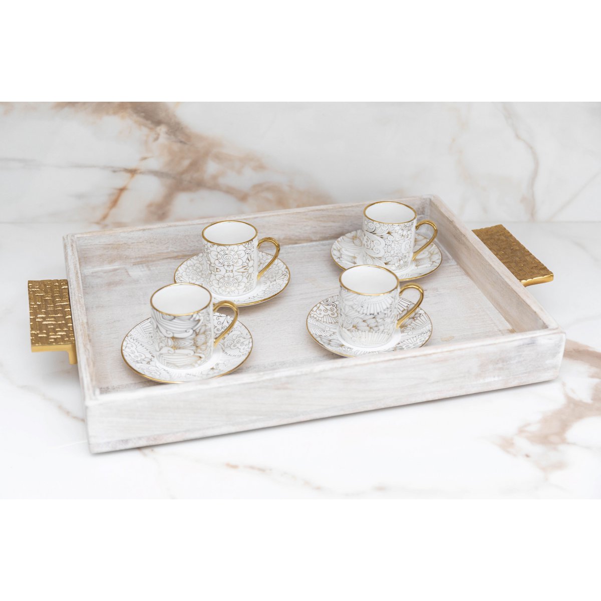 Teasy Cups met witte schotels Abstract - Set van 4