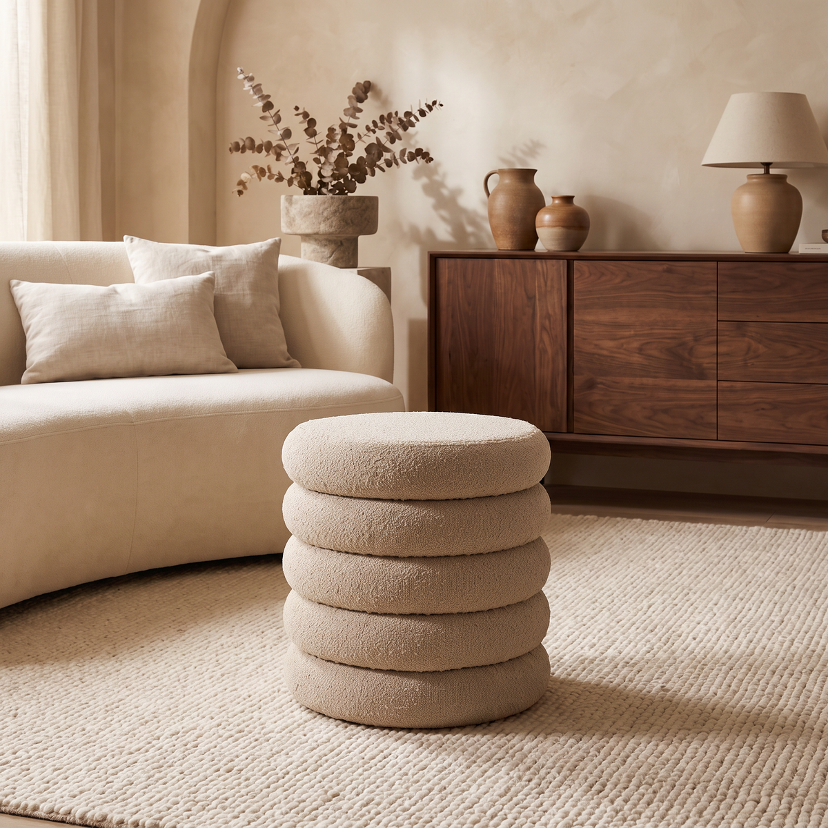 Brooklyn bouclé poef met opbergruimte in beige in warm Liore Home interieur