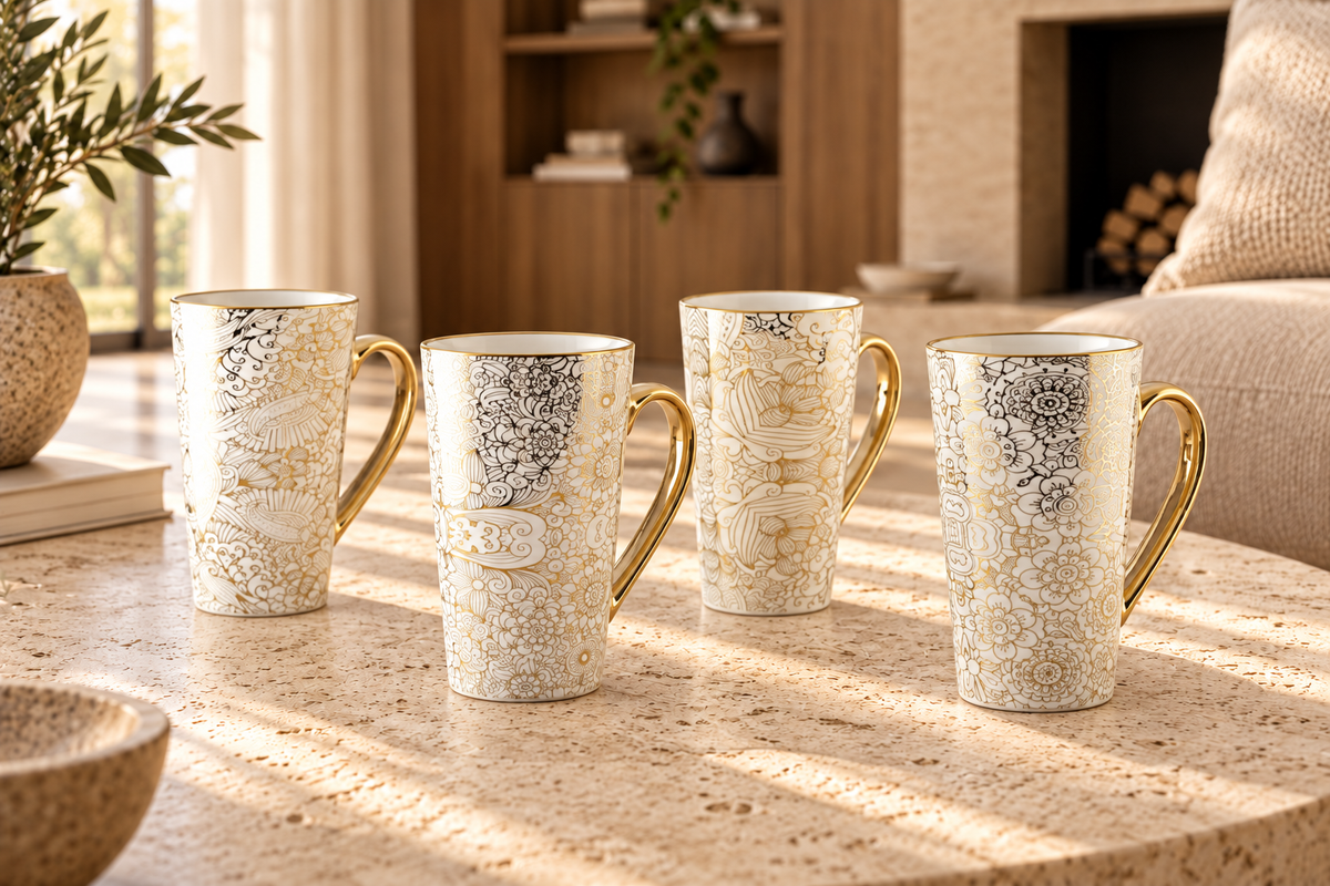 Keramische mokken met abstract goudpatroon – set van 4