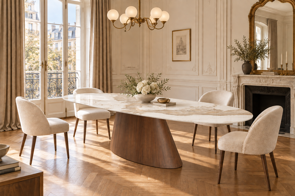 Ellipse eettafel keramiek marmer