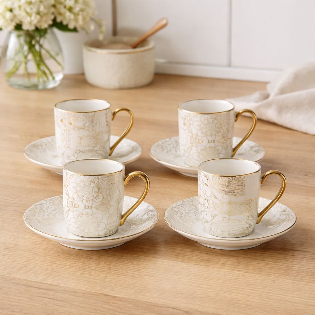 Teasy Cups met witte schotels Abstract - Set van 4