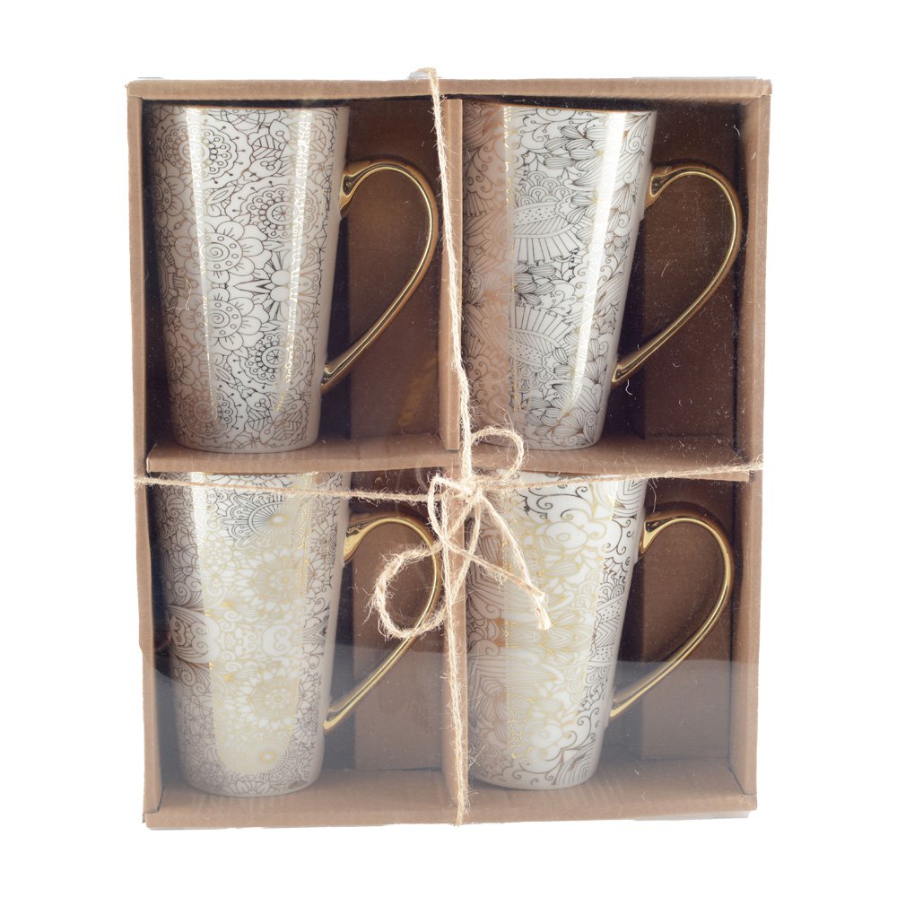 Keramische mokken met abstract goudpatroon – set van 4