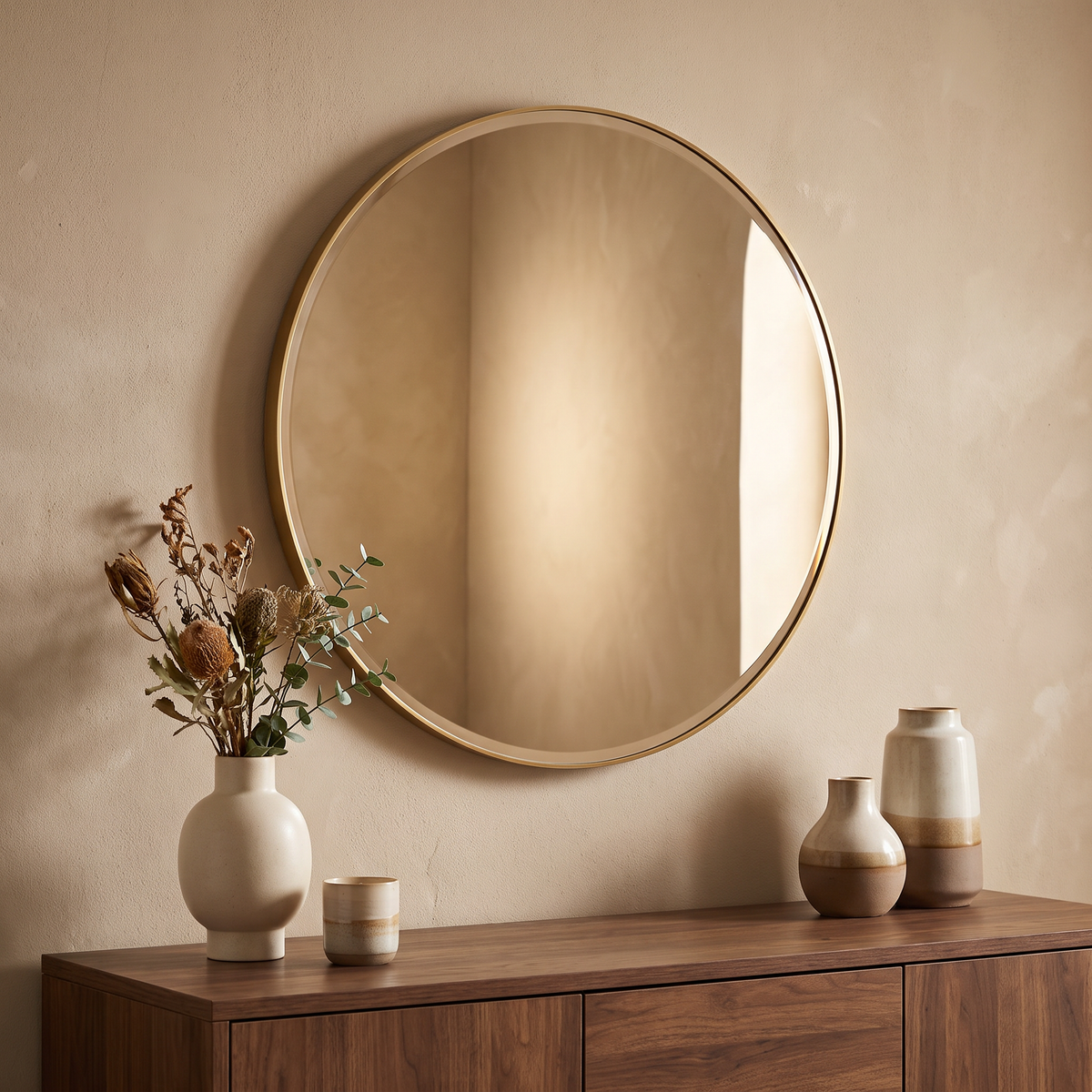 Jersey ronde wandspiegel met messinglook frame in warm Liore Home interieur