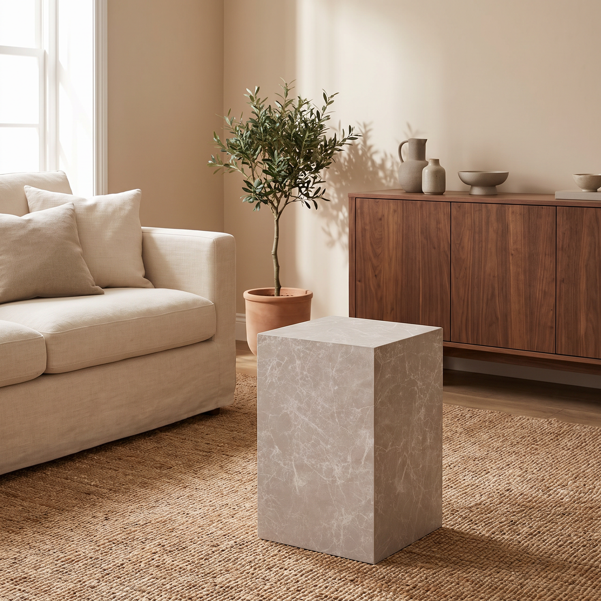 Prague bijzettafel 30 x 30 cm in beige marmerlook in warm Liore Home interieur