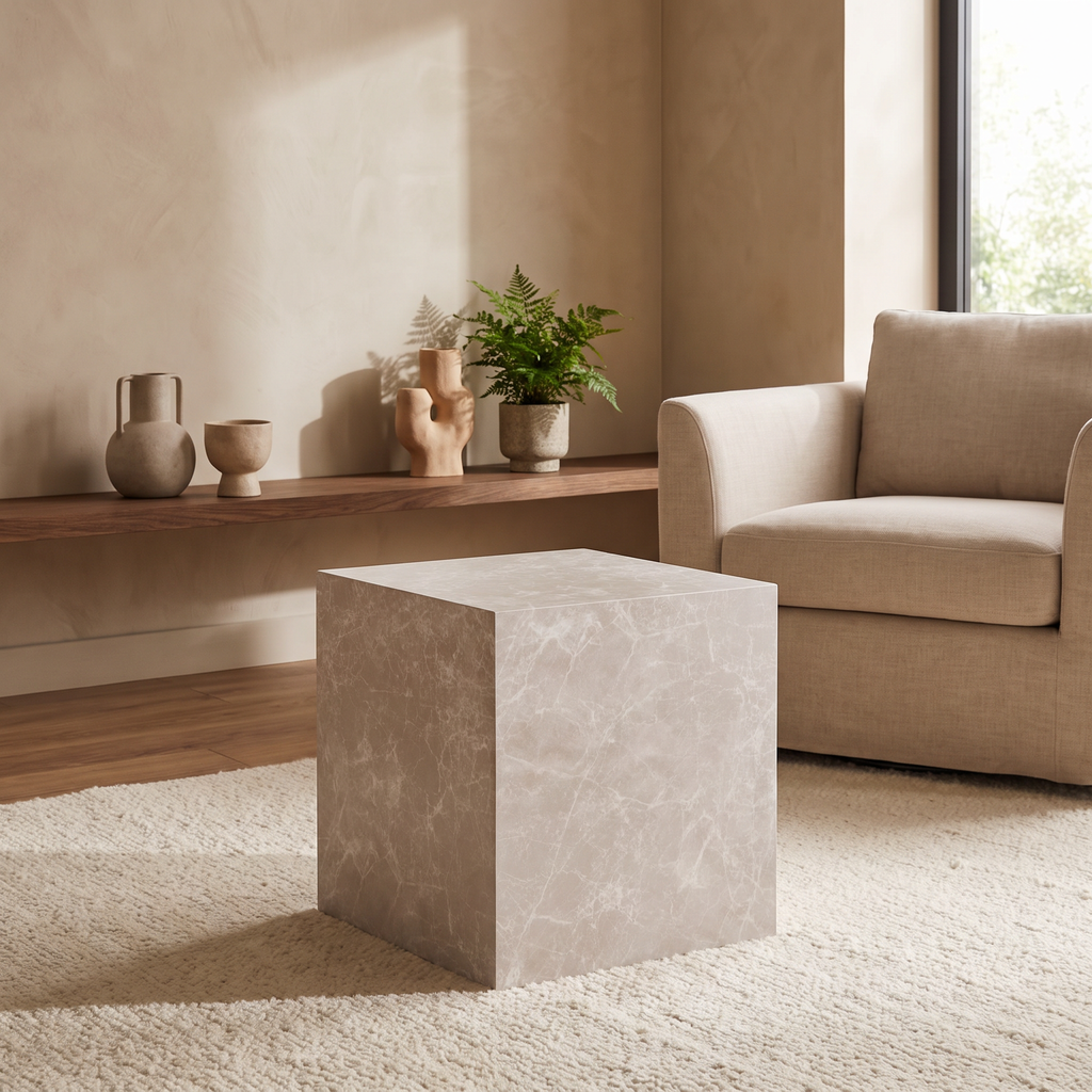Prague bijzettafel in beige marmerlook in warm Liore Home interieur