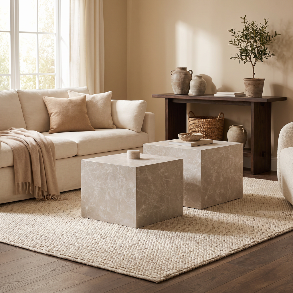Prague salontafelset van 2 in beige marmerlook in warm Liore Home interieur